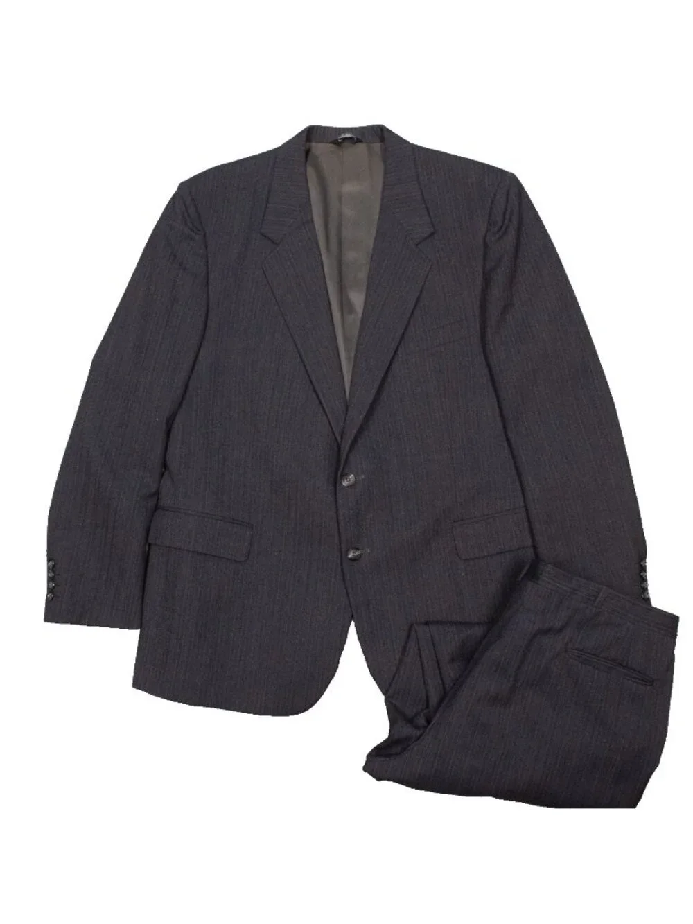 Vintage Bespoke Suit 80s Herringbone Striped England Wool 2pc Grey 48R 39x31